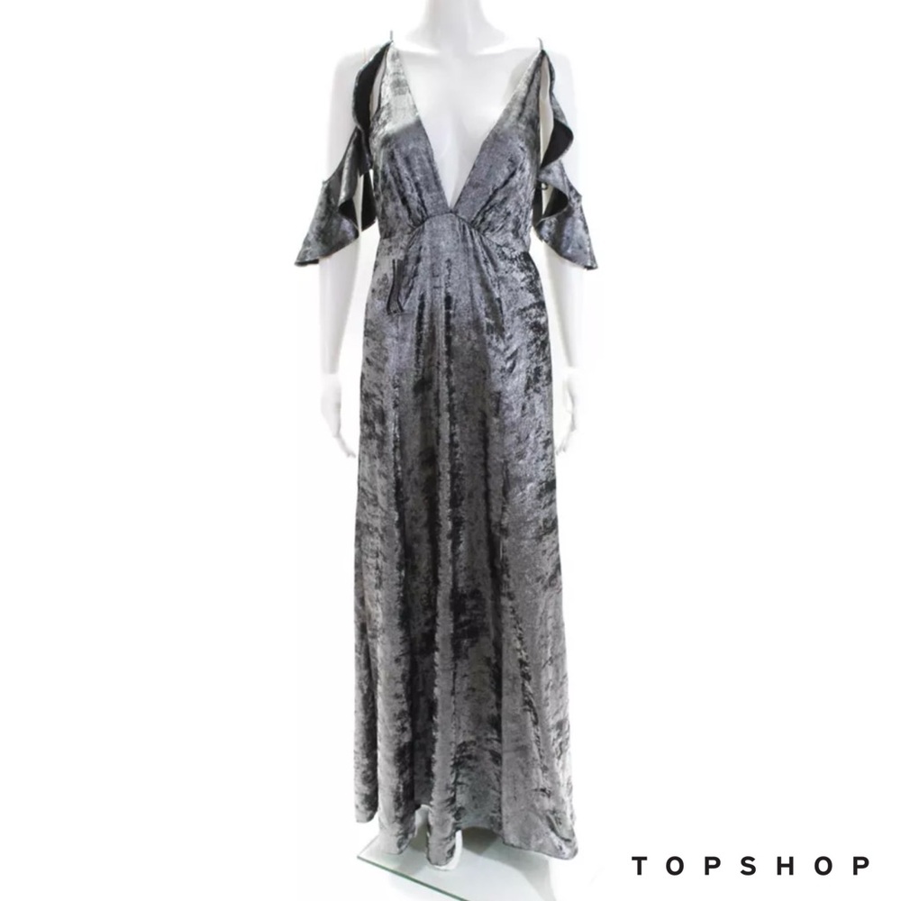 TOPSHOP Silver Ruffle Cold Shoulder Shimmer Dress